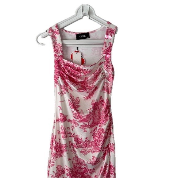 Cider TOILE DE JOUY RUCHED SPLIT Midi DRESS Pink & Cream Women’s Size XXS NWT - Picture 6 of 15